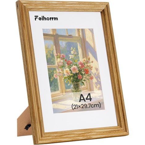 Cadre photo vintage, A4 en chêne massif pour photo, avec verre trempé, pour photos 21x29,7 cm sans passe-partout ou 13,9x20 cm avec passe-partout (Beige, A4 (21x29,7 cm)) (1/5)