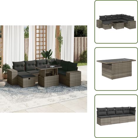 The Living Store Salon de jardin 8 pcs avec coussins gris résine tressée - Ensemble Salon De Jardin - Mobilier De Jardin - Salon D'extérieur - Table Extensible - Chaise Lounge (1/5)