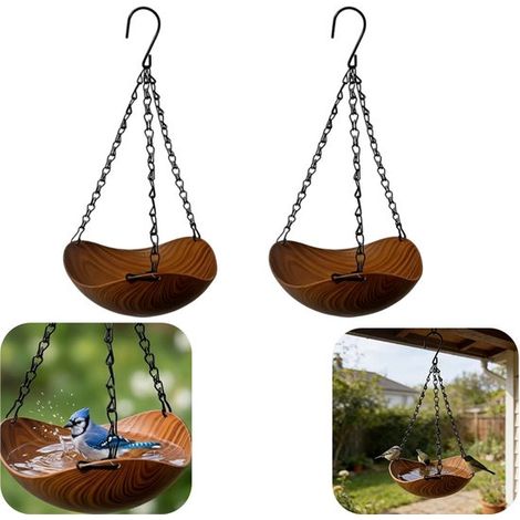 Mangeoires suspendues pour oiseaux lot de 2 avec chaîne - nichoirs amovibles pour balcon et jardin, brun, 40 x 21 cm (1/5)