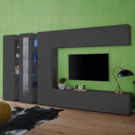 Dmora - Pared Equipada Dfilard, Conjunto de salón con soporte de TV, Mueble de salón con vitrina y luz LED, 100% Made in Italy, cm 320x30h180, Antracita (1/5)