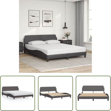 The Living Store Cadre de lit sans matelas gris 160x200 cm similicuir - Cadre De Lit - Lit Double - Similicuir - Design Moderne - Têtière Intégrée (1/5)