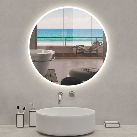 Acezanble Miroir de salle de bain rond 90x90cm LED tricolore anti-buée + mémoire + dimmable