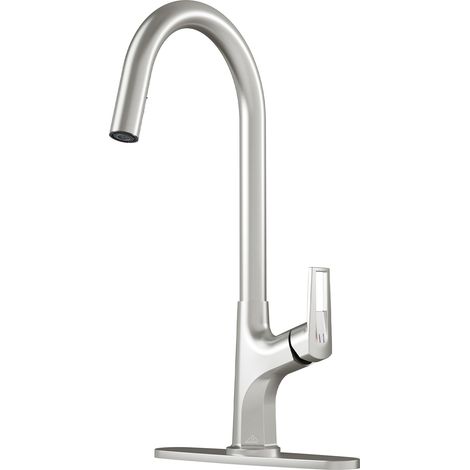 Robinet de cuisine à douchette extractible, monocommande, montage sur plage, finition nickel brossé (plaque de montage incluse) (1/4)