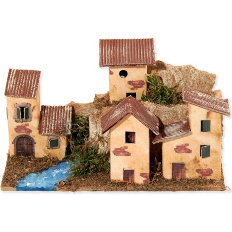 GRUPPO CASETTE A SCHIERA CON FIUME PER PRESEPE O MODELLISMO