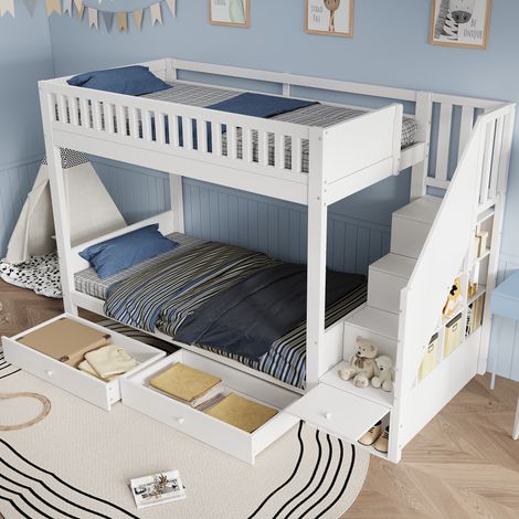 Letto a castello per bambini 90x200 cm con rete a doghe - scala contenitore e 2 cassetti sottoletto - barriera anticaduta in legno massiccio salvaspazio cameretta - bianco (1/5)