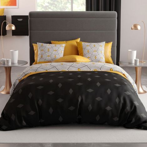 Parure housse de couette 260x240cm + 2 taies motif graphique jaune et noir 100% coton - FARANDOLE (1/4)