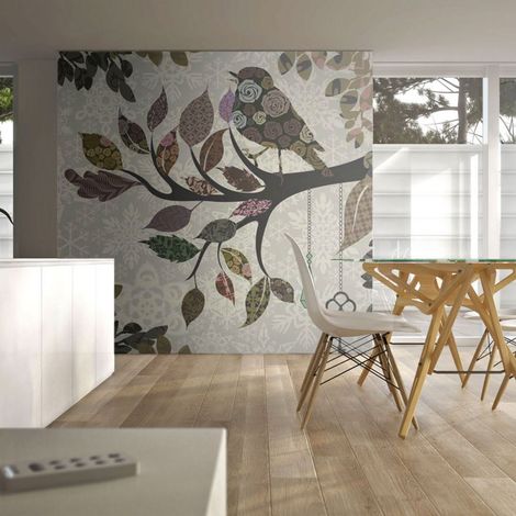 Papier peint patchwork oiseau sur branche - 400 x 309 cm (1/4)