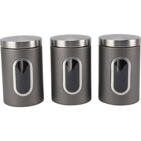 Set aus 3 luftdichten Edelstahlbehältern mit Sichtfenster für Kaffee, Müslimischungen und Küchenvorräte, silbergrau (1/5)