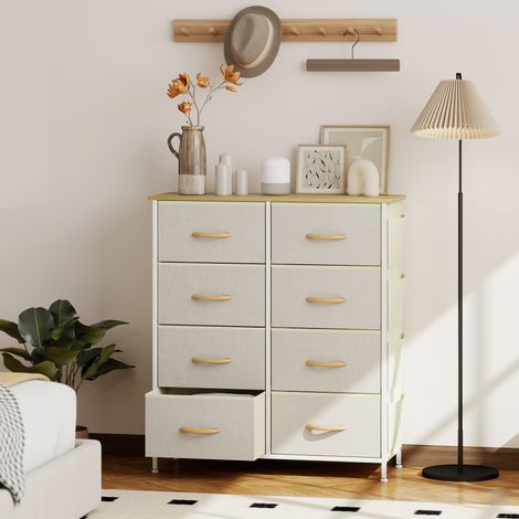 Cassettiera in tessuto beige con 8 cassetti, 4 tasche laterali, 2 ganci e struttura in acciaio.