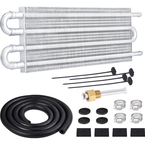 Radiatore olio trasmissione applicabile da 5/16", kit radiatore a 4 passaggi con tubi e alette, universale in alluminio argento (1/5)