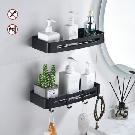 2 estantes sin perforaciones, almacenamiento de espacio de aluminio negro, herrajes para baño, colgante, duradero, no emulsionante (1/4)