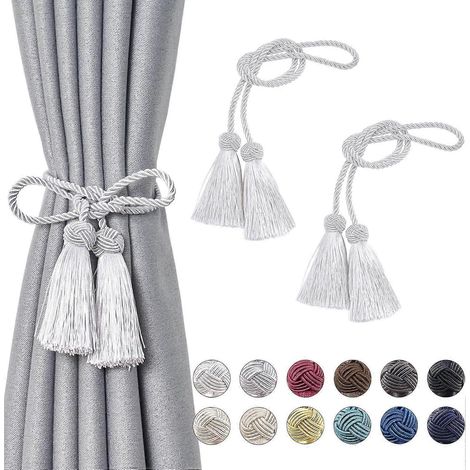 Lot d'embrasses de rideaux à pompons doubles, en corde tressée faite main, style européen, nœuds, pour la décoration des fenêtres de la maison ou du bureau (gris argenté) (1/5)