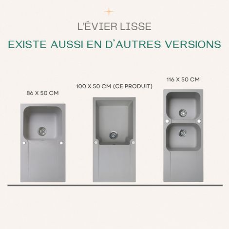 Essebagno Evier réversible 1 grande cuve 1 égouttoir Lisse résine gris