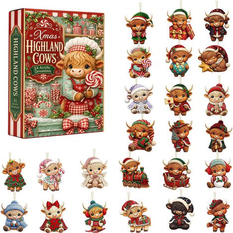 Weihnachtskuh-Kalender - Adventskalender - 2D-Acryl-Dekoration mit 24 Fächern (Countdown-Kalender bis 2026) - Mini-Weihnachtsbaumschmuck für Kinder, Erwachsene und Familien - geeignet für Partys, Zuha (1/5)