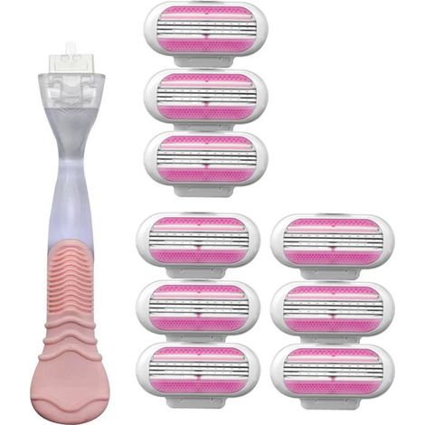 Rasoir pour femmes 3 lames - Rasoir de sécurité pour aisselles et zone intime (Rose) - 1 manche + 9 lames de rechange (1/4)