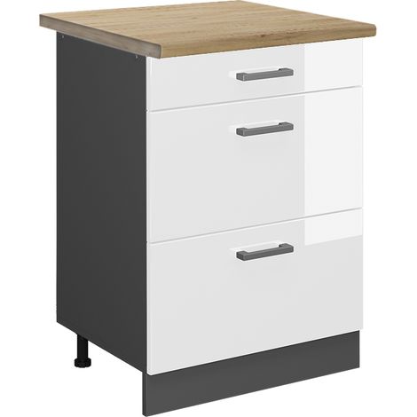 Schubladenunterschrank R-Line, Weiß Hochglanz, 60 cm mit Schubladen, AP Eiche, Vicco