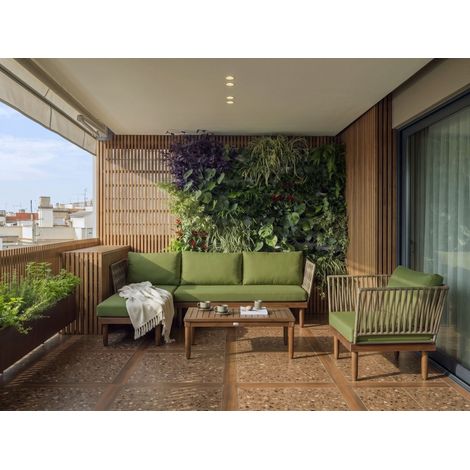Conjunto de jardín sofá esquinero derecho sillón y mesa de centro madera de acacia marrón oscuro y verde Cremona (1/5)