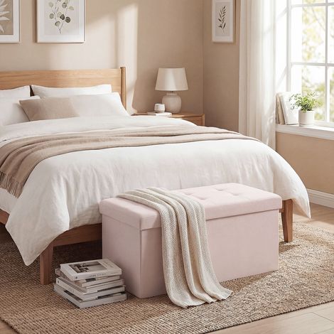 Rose 76x38x38 cm - Plateau de rangement, banc pliant de rangement 84 L Rembourré en linge synthétique Malle de rangement