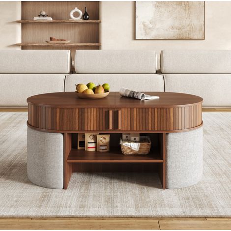 Tavolino da salotto ovale 120x60x51,5 cm con contenitori e sgabelli, MDF e pannello truciolare, noce (1/5)