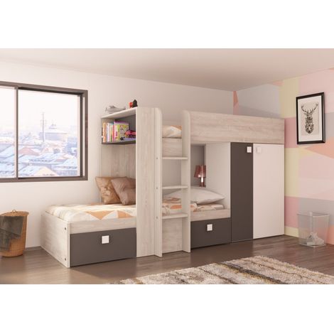 Etagenbett , 285 x 110 x 150 cm, Graphitschwarz-Eiche und Mattweiß mit Kleiderschrank und unterem Bettgestell - Albenga