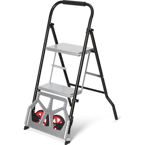 Randaco Carrello portapacchi 2 in 1 con scaletta pieghevole a 2 gradini, ruote, portata carrello 80 kg, scala 150 kg (1/5)