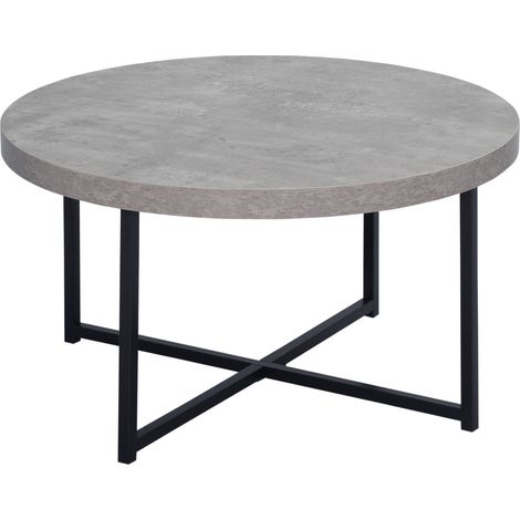 Runder Couchtisch aus Holz und Metall mit gewachster Betonoberfläche – Durchmesser 80 cm, Höhe 45 cm – Kreuzbein-Design