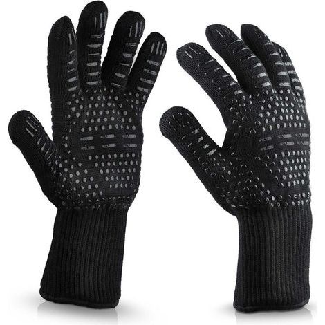 [JAMAIS UTILISÉ] Gants de barbecue, résistants à la chaleur jusqu'à 800 °C, ignifuges en silicone antidérapant, lavables, pour la cuisine et la pâtisserie (noirs). (1/4)