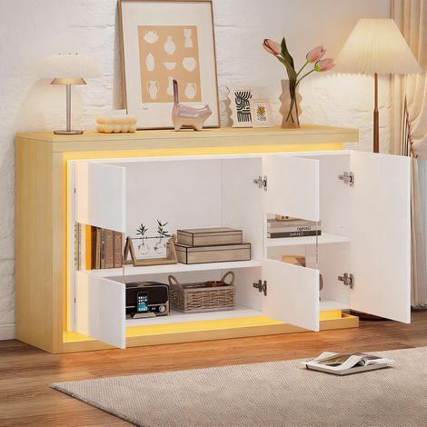 Buffet de salon 140x40x84 cm, Enfilade moderne avec éclairage LED et 3 portes, Meuble de rangement pour séjour couloir bureau, Blanc (1/5)