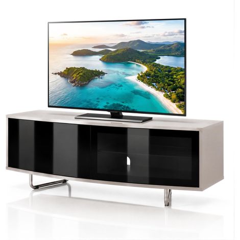 Homeology Caru Gloss Black and Gloss Oak Beam-Thru Remote Friendly Super-Contemporary "D" Shape Design 32"-65" LED/OLED/LCD TV Cabinet (1/5)