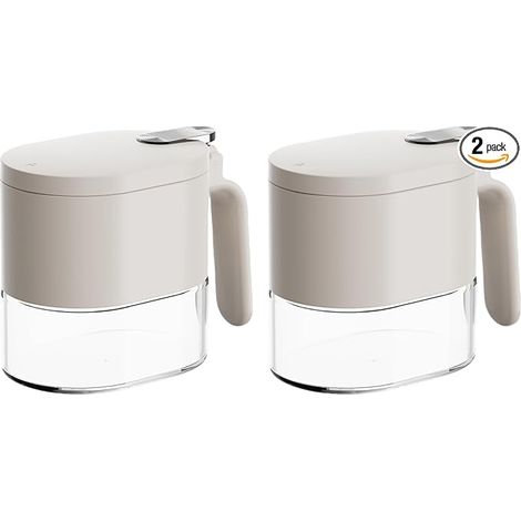 Pot à condiments, récipient à épices, boîte à assaisonnements hermétique avec couvercle cuillère, boîte à épices en verre, lot de 2 pots à sel et sucrier (blanc) (1/5)
