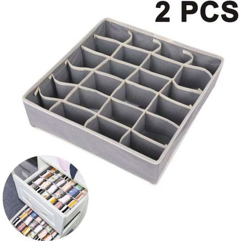 Lot de 2 boîtes de rangement pour sous-vêtements et autres petits accessoires, séparateurs de tiroirs pliables à 24 cellules pour le rangement de chaussettes, écharpes, soutiens-gorge, gris (1/5)