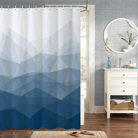 Cortina de ducha geométrica azul, 180x180 cm, estampado de montaña y mar, tejido de poliéster impermeable con ganchos. (1/4)