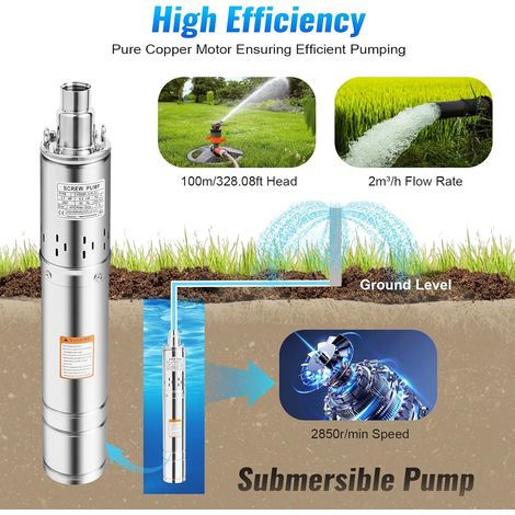 Pompe Immergée Puits Profond, Pompe À Eau Submersible Acier Inoxydable, Hauteur 100m Débit 2m³/h, Câble 15m, Pour Irrigation Agricole Alimentation Eau Industrielle, 8.7x58cm (1/5)