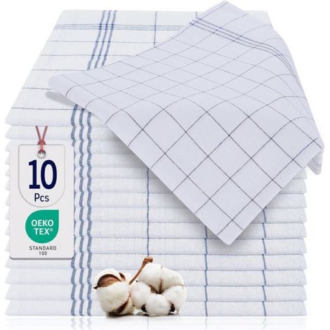 Lot de 10 torchons 45x 62cm - 100% coton Torchon Premium Super Absorbant Elegant Check Design - Bleu (1/4)