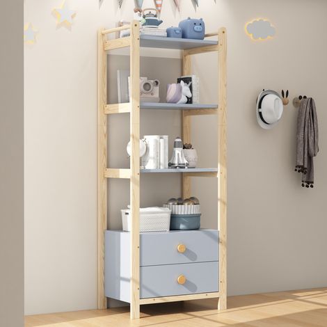 Standregal, 2 Schubladen, 4 Ebenen Bücherregal, Kieferrahmen, Vollholzgriffen, für Wohnzimmer, Schlafzimmer, Bücherzimmer, blau+natürliches Holz, 70×44×180cm (1/5)