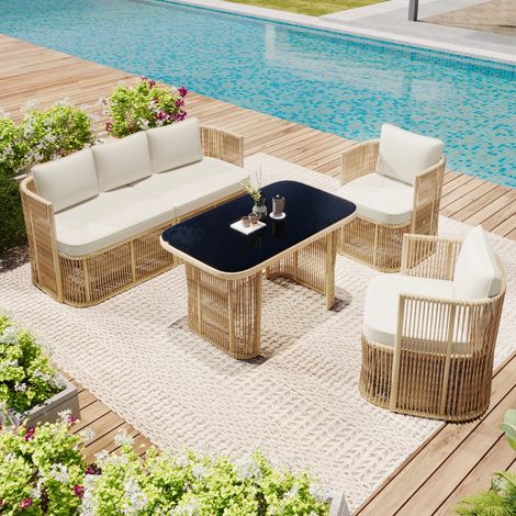 Salon de jardin 4 pièces en résine PE tressée, canapé 3 places, 2 fauteuils, table basse verre trempé, coussins polyester, structure acier
