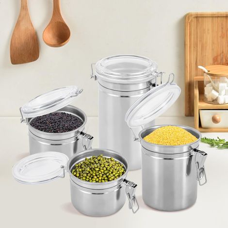 Bocaux de stockage en acier inoxydable avec couvercle, étanches à l'air, bocaux de stockage d'aliments de cuisine, 4 tailles, conteneurs, distributeur rond pour le boeuf/les noix/le sucre/le sel, boca (1/5)