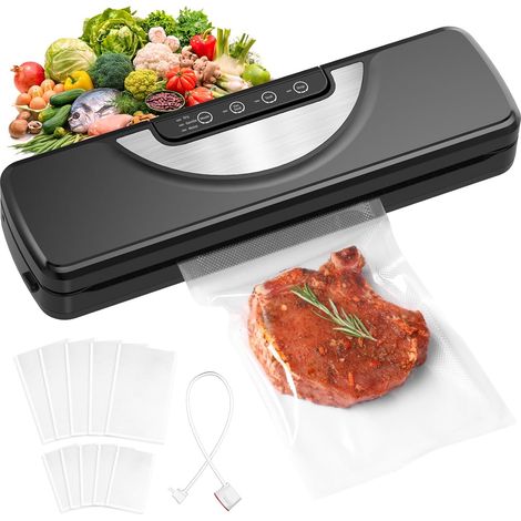 Machine sous vide 5 en 1, appareil de mise sous vide sous vide avec coupe-film intégré, scelleuse sous vide avec 10 sacs sous vide et tuyau inclus, scelleuse sous vide pour aliments, noire (1/5)