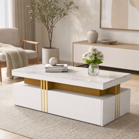 Table basse 100x50x40 cm blanche, 2 tiroirs, plateau effet marbre, panneaux de bois et métal MEUBLIV (1/5)