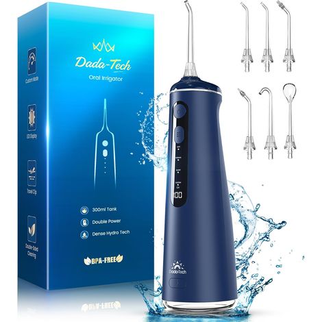 Jet Dentaire Hydropulseur Dentaire, Water flosser Hydropulseur et Irrigateur avec 8 Modes Personnalisables 7 Buses Réservoir de 300 ml (Bleu) (1/5)
