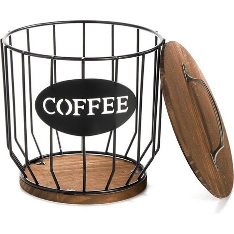 Soporte para cápsulas de café con tapas, Cup con base de madera rústica, cesta de almacenamiento de café de alambre negro para encimera de cocina (1/5)