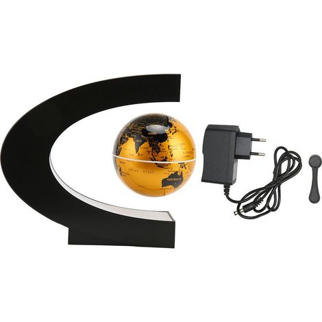 Goldener, magnetisch schwebender Globus mit integrierter LED, mattierter C-förmiger Oberfläche, 7,6 cm (3 Zoll), 12 V 1 A, schwebende Spielzeugdekoration, EU-Stecker 100–240 V (1/5)