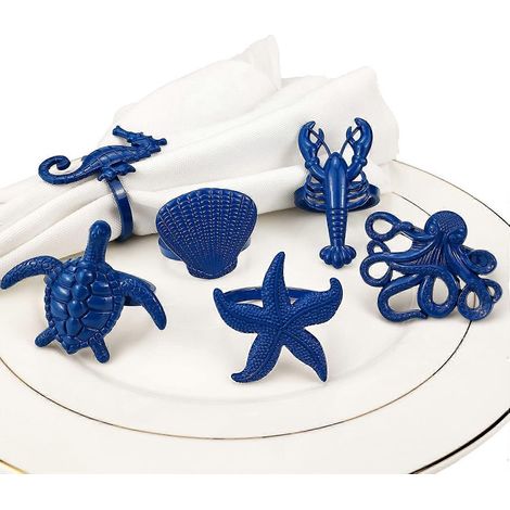 Lot de 6 ronds de serviette en métal bleu, motif créatures marines, différents styles océaniques, pour la décoration intérieure, la table à manger, les banquets, les réunions de famille, W (1/5)