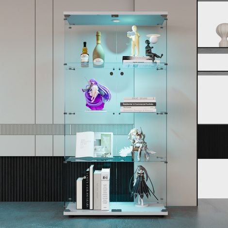 Vetrina 80,5x36,5x164 cm in vetro temperato a 4 livelli - Illuminazione LED e doppia anta con serratura - Mobile espositivo moderno - Bianco