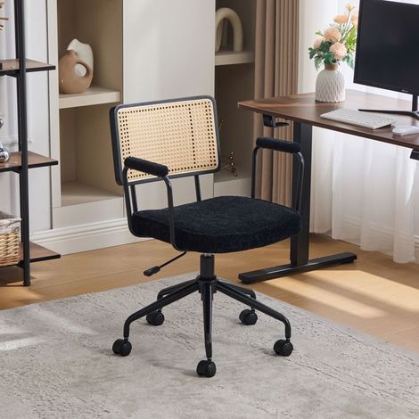 Chaise style rotin vintage roulettes pivotante réglable assise en chenille cadre en bois coloris noir (1/5)