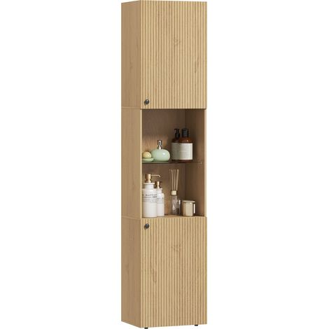 Armoire salle de bain haute, meuble de rangement colonne 6 niveaux 2 portes et étagères réglables, 40x31x182cm, chêne