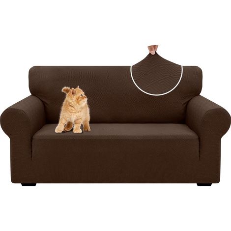 Housse De Canapé 2 Places avec Accoudoirs, Universelle Housse Canapé Extensible, Protection Chat Chiens Griffures Housse Canape, Housses De Canapé Lavable Antidérapante, Café (1/5)