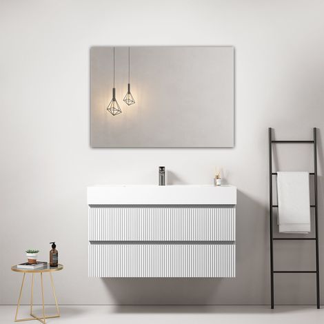 Mobile bagno sospeso cannettato 100 cm Bianco Lavabo in Resina Specchio Quadro - Fiji Paint (1/3)
