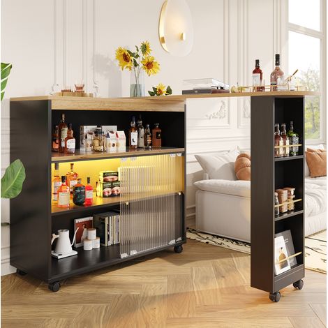 Mesa de bar extensible 138-204x39x105 cm negra en MDF con LED y gran capacidad de almacenamiento (1/5)