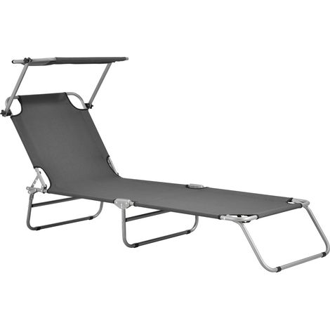 Transat bain de soleil avec pare-soleil inclinable acier polyester argenté mat gris foncé